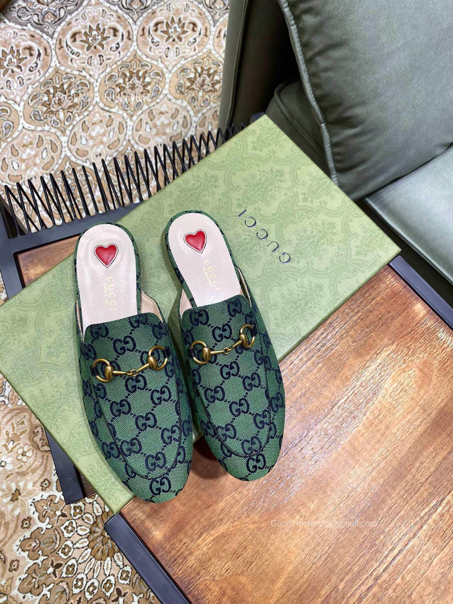 Gucci Horsebit Green GG Multicolor Canvas Mule with Red Heart 2281158