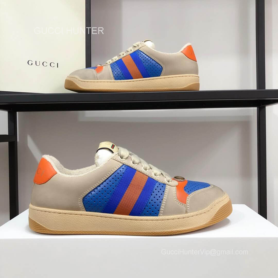 Gucci Screener Leather Sneaker with Orange and Blue Web Unisex 2281007