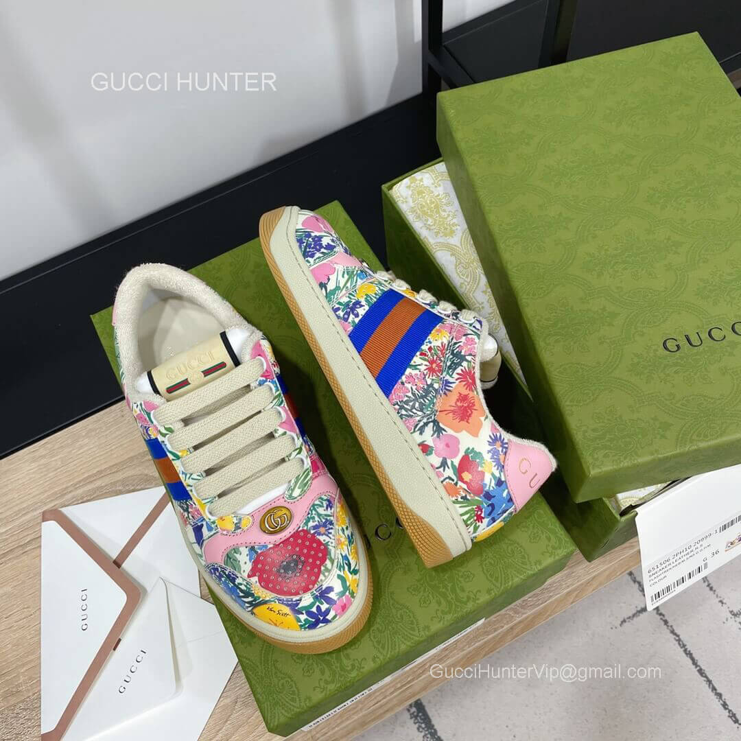 Gucci Screener Leather Sneaker with Blue and Orange Web and Floral Printed Unisex 2281011