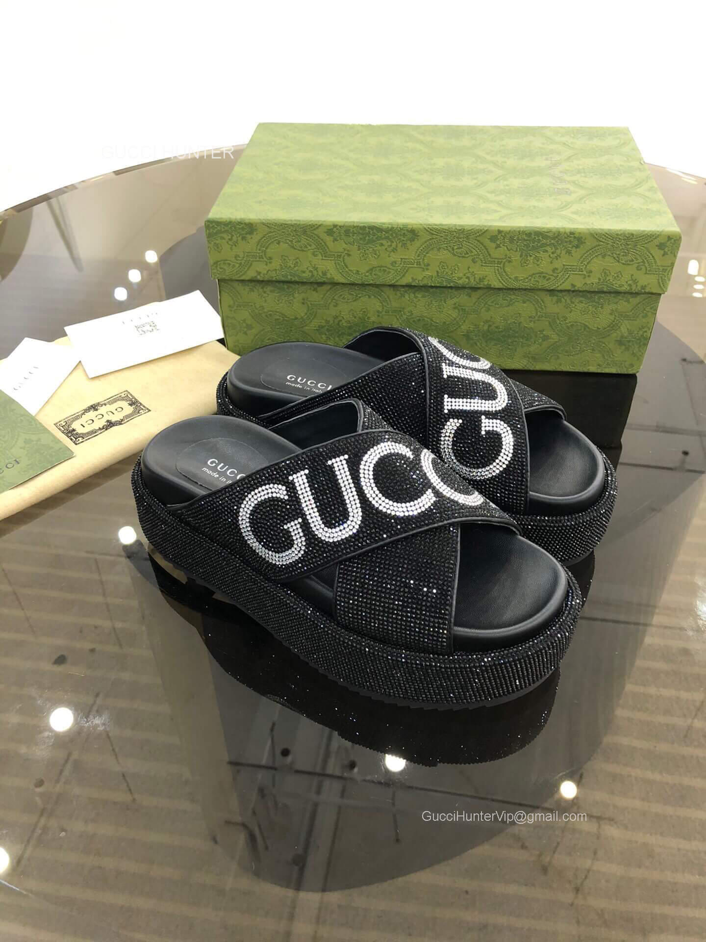 Gucci Crystals Logo Platform Slide Sandal in Black Unisex 2281053