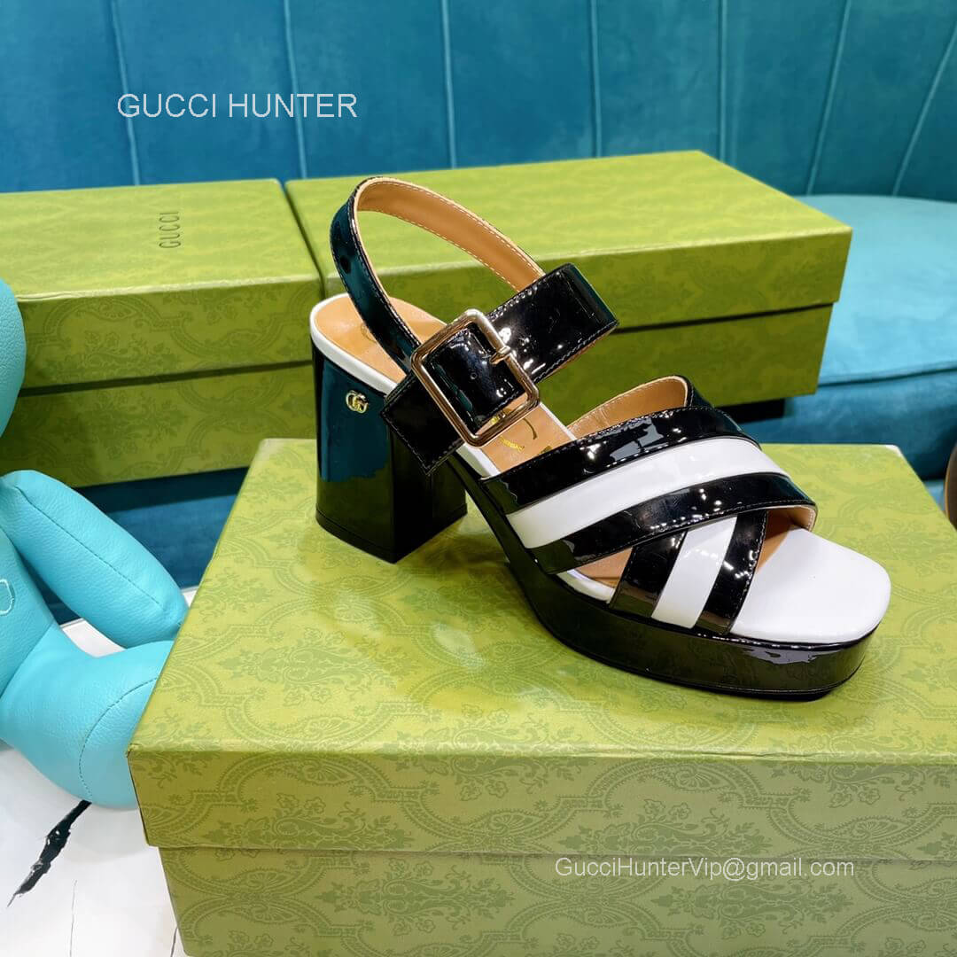 Gucci 2021 Platform Heeled Sandal in Black White Patent Leather 85MM 2281059