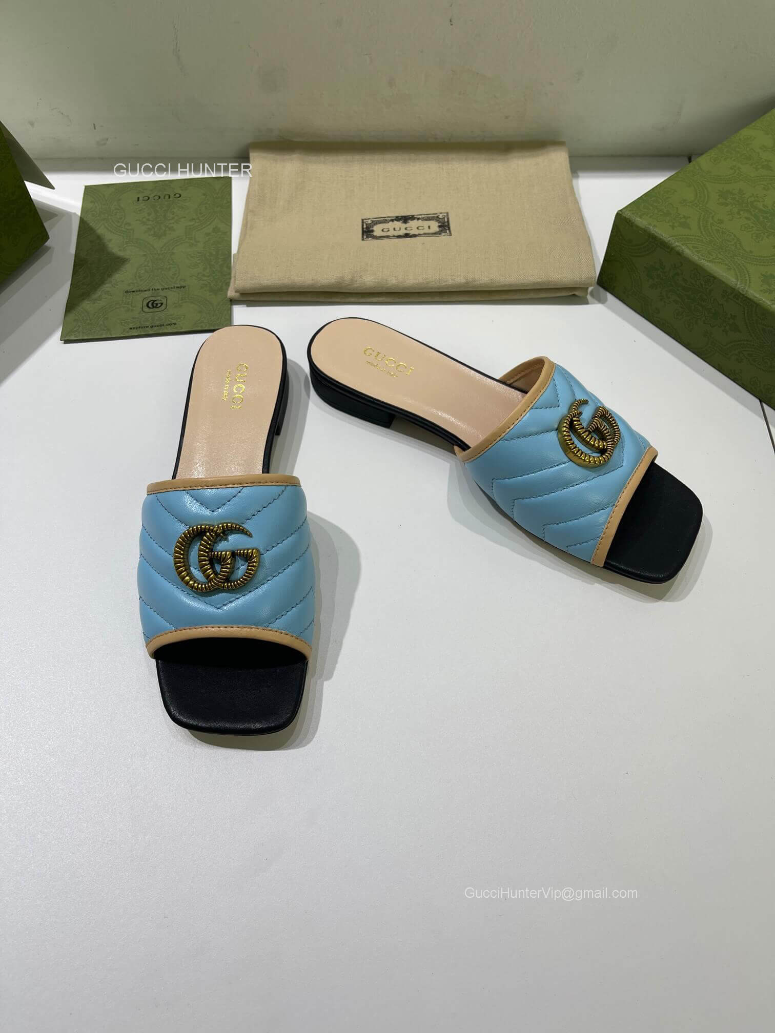 Gucci Online Exclusive Slide Sandal with Double G in Light Blue Chevron Matelasse Leather 2281063