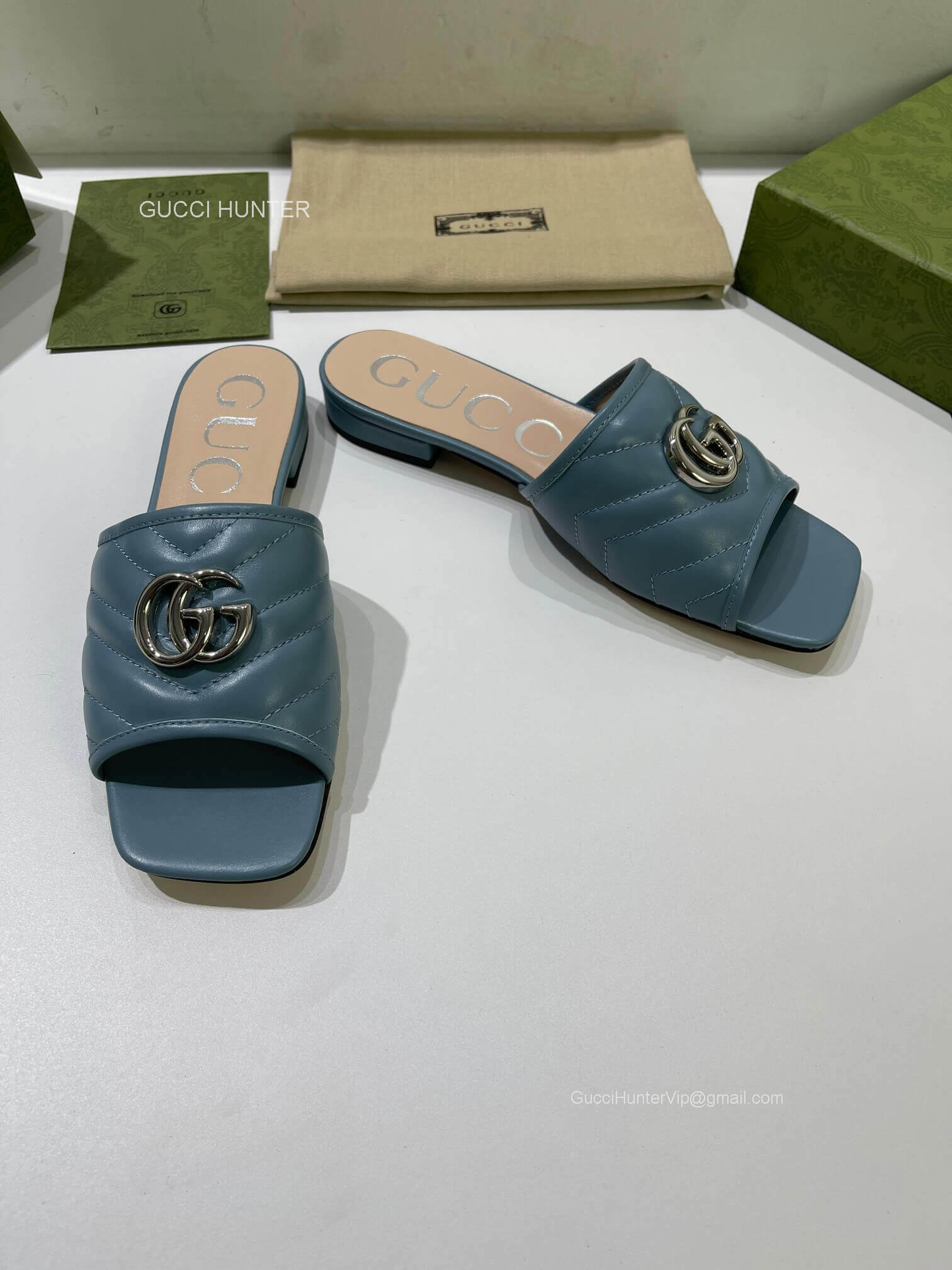 Gucci Online Exclusive Slide Sandal with Double G in Dark Blue Chevron Matelasse Leather 2281064