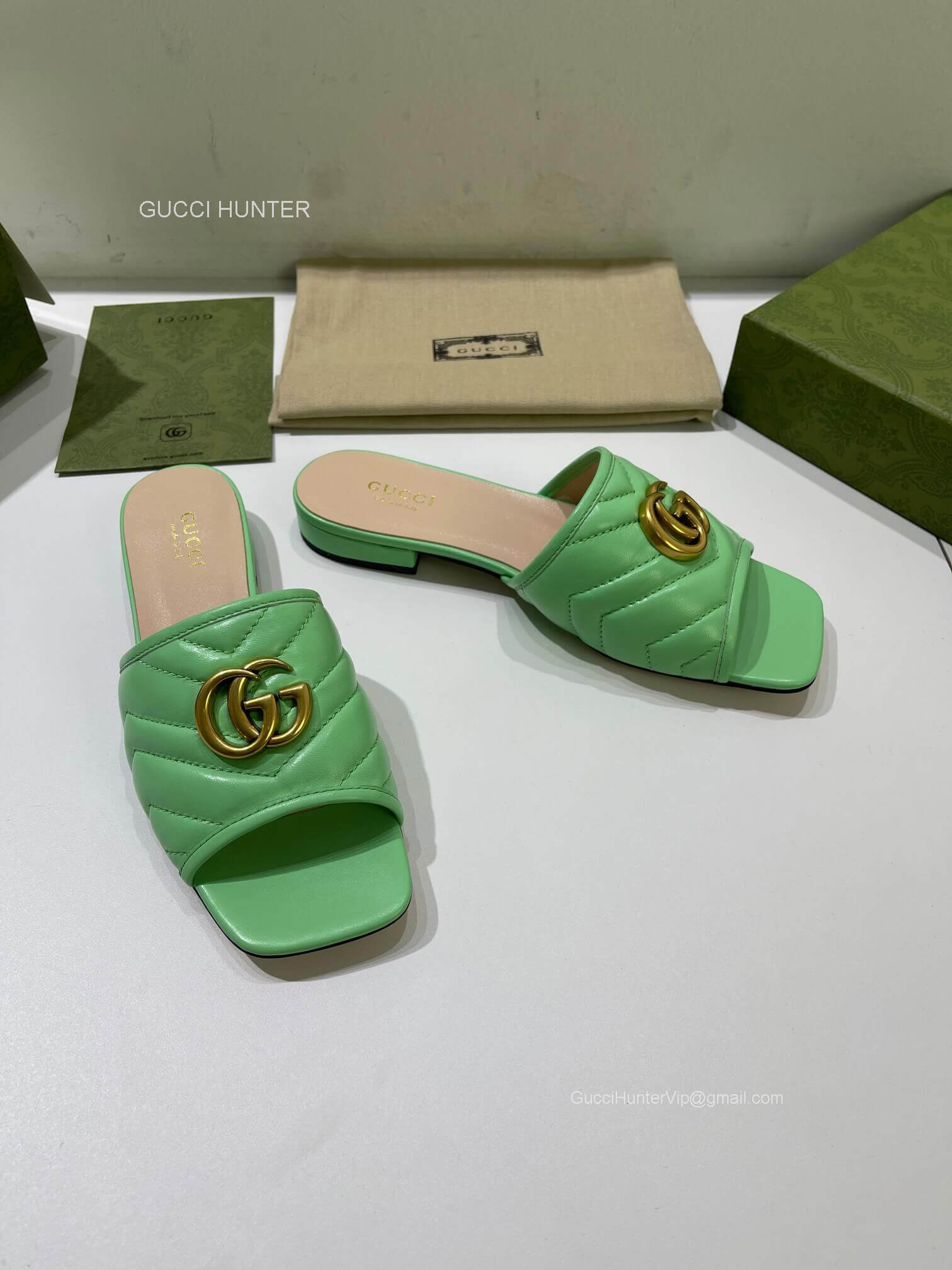 Gucci Online Exclusive Slide Sandal with Double G in Mint Green Chevron Matelasse Leather 2281066
