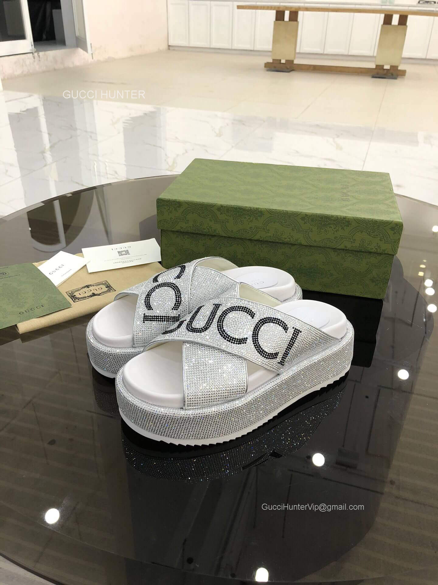 Gucci Crystals Logo Platform Slide Sandal in White Unisex 2281071