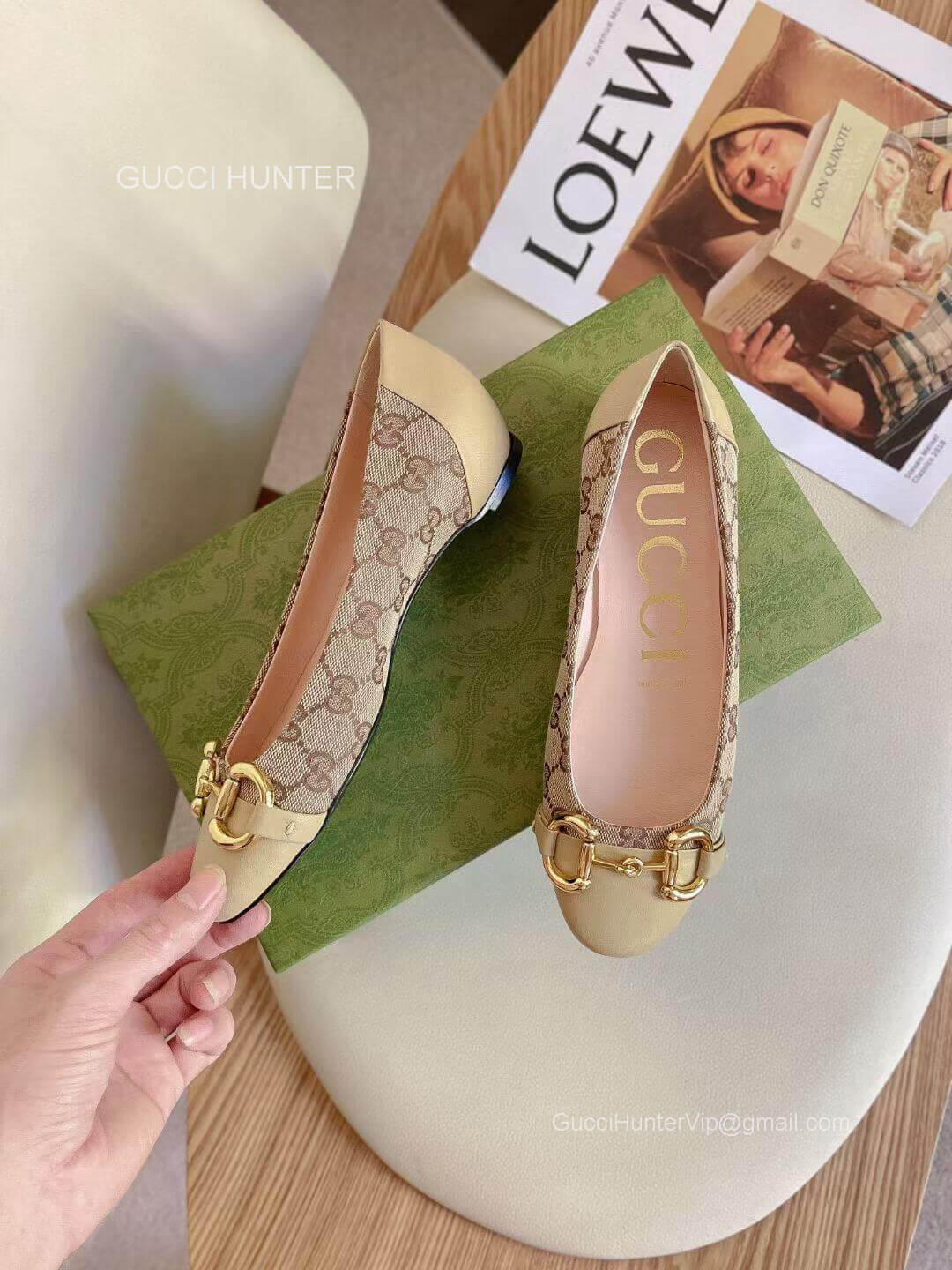 Gucci Vintage Horsebit Ballet Flats with GG Canvas in Beige Leather 2281107