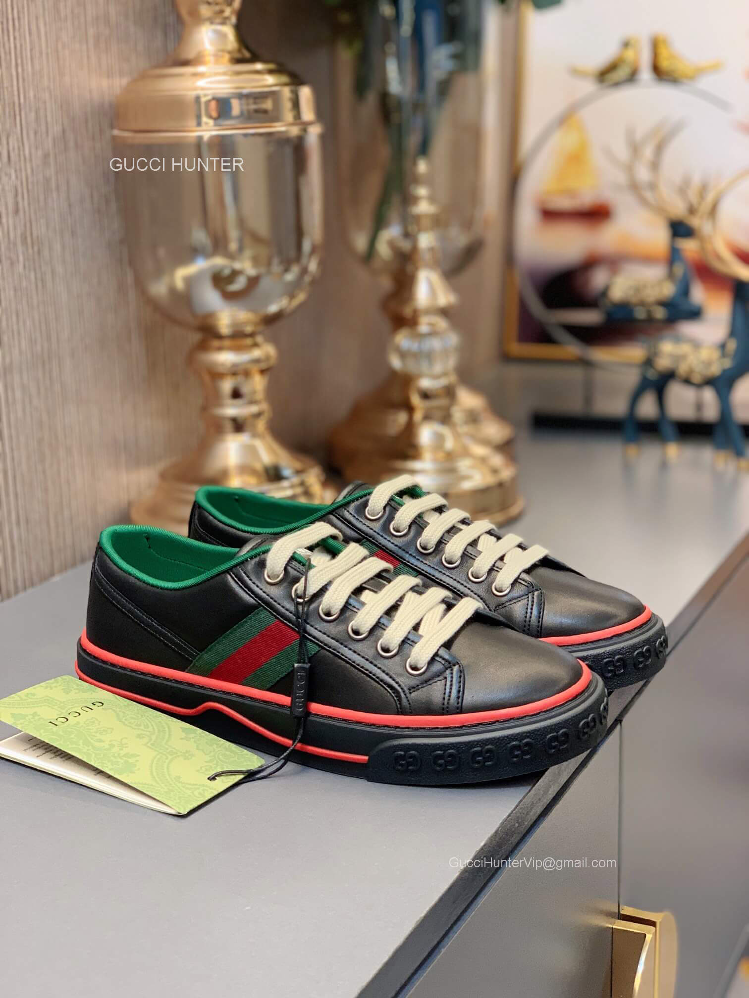 Gucci Leather Gucci Tennis 1977 Lace Up Sneakers with Web Black Unisex 2281135