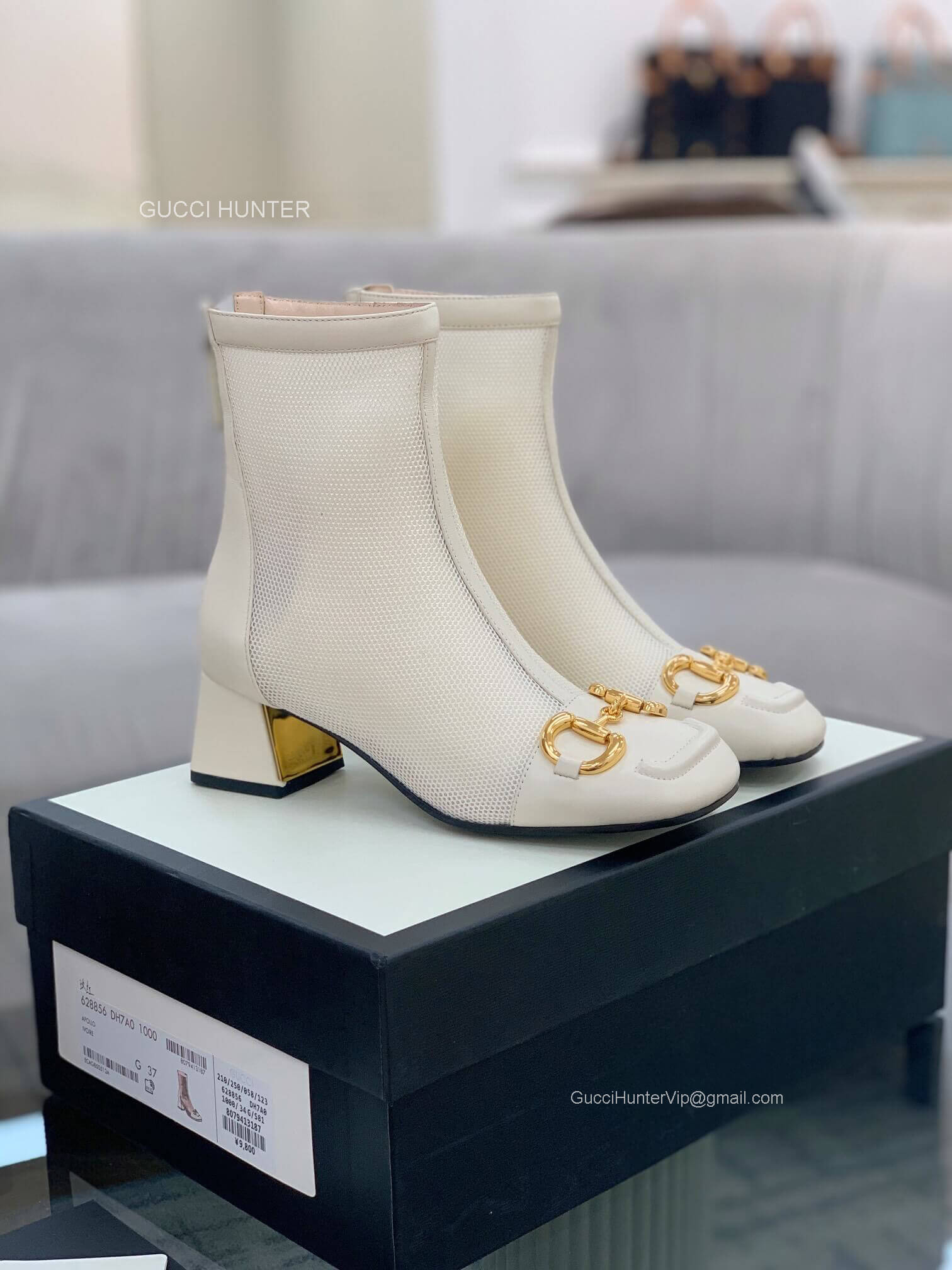 Gucci Mid Heel Ankle Boot with Horsebit in White Mesh and Leather 55MM 2281145