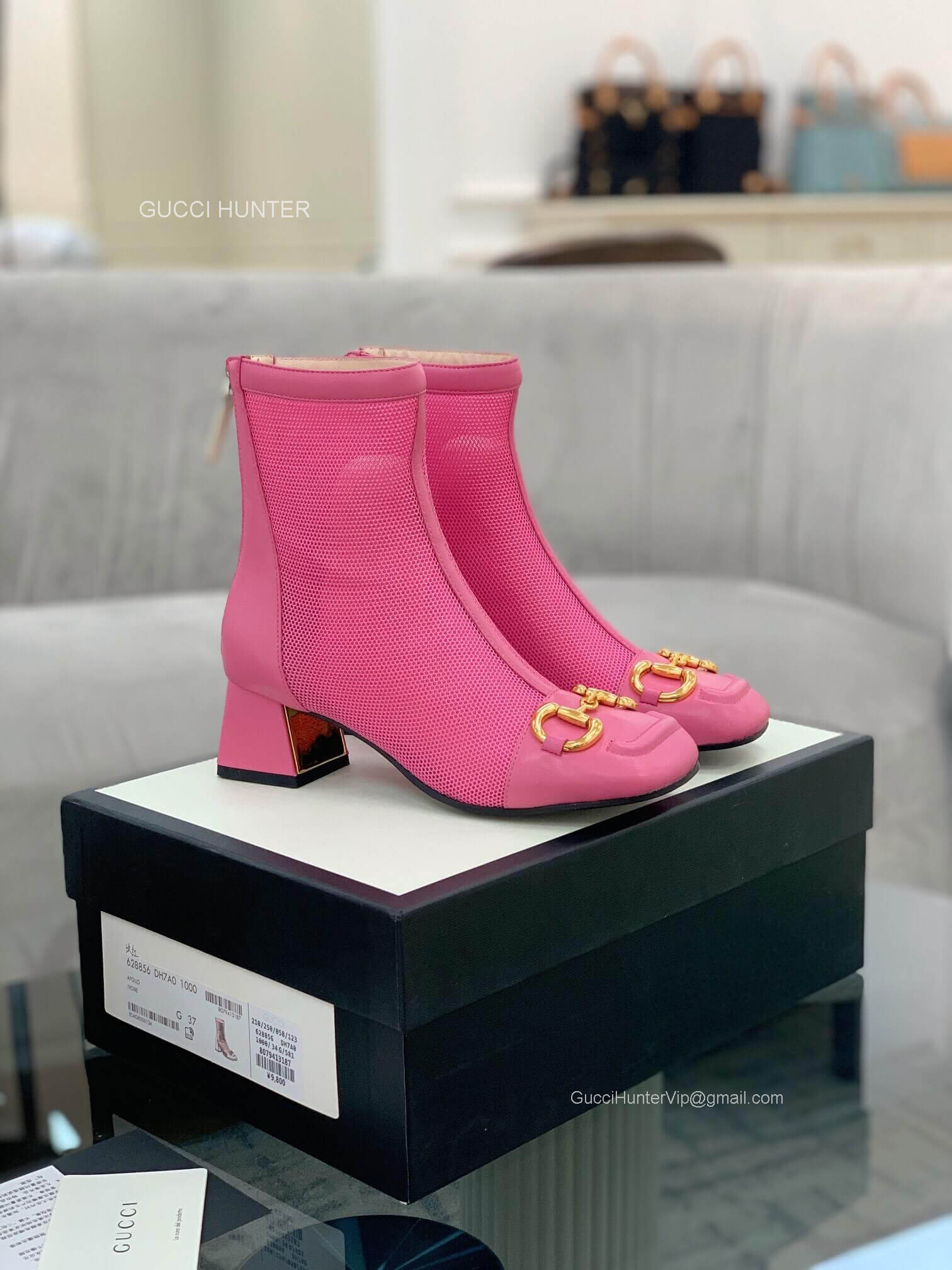 Gucci Mid Heel Ankle Boot with Horsebit in Pink Mesh and Leather 55MM 2281146