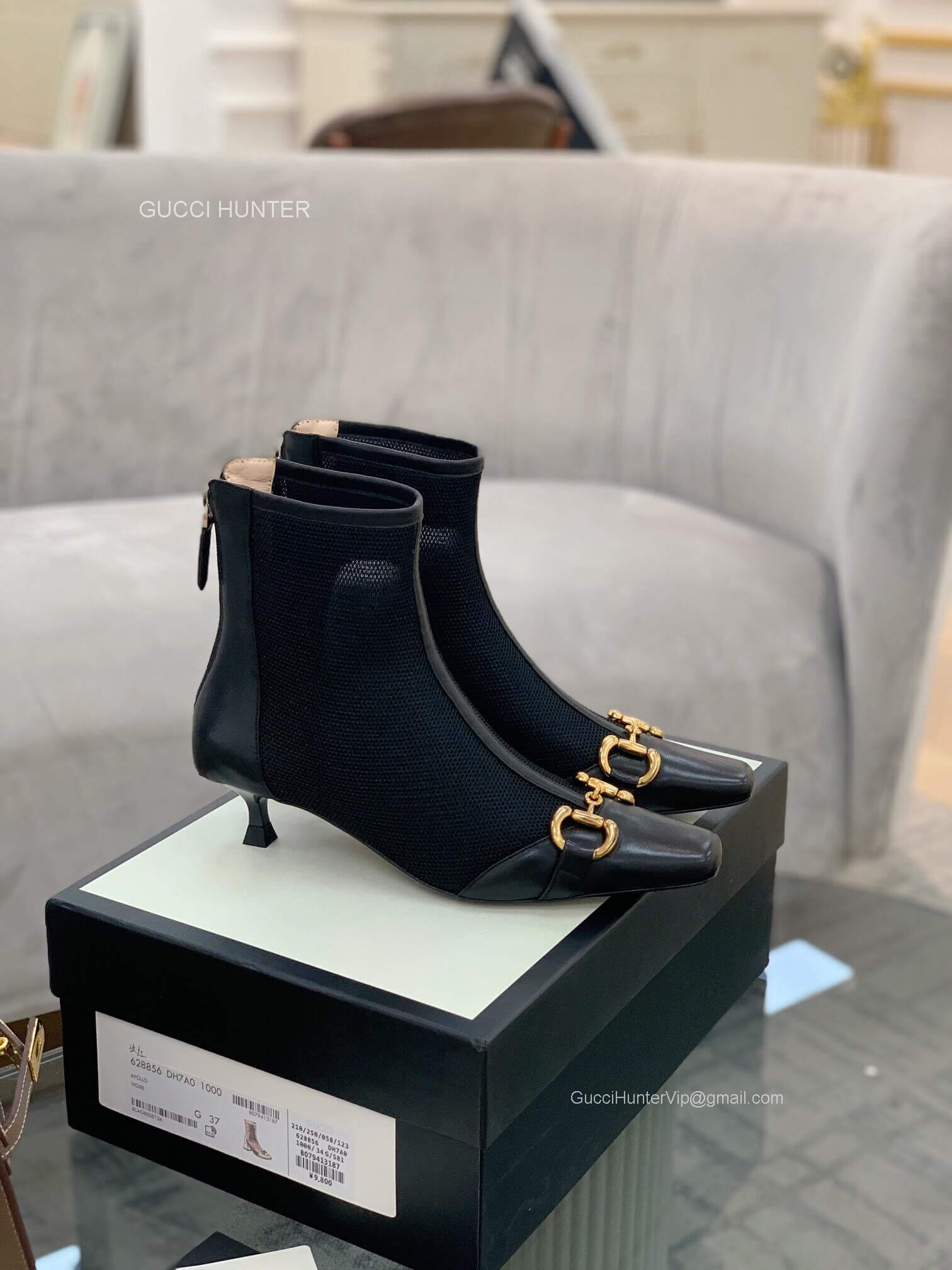Gucci Mid Heel Ankle Boot with Horsebit in Black Mesh and Leather 55MM 2281147