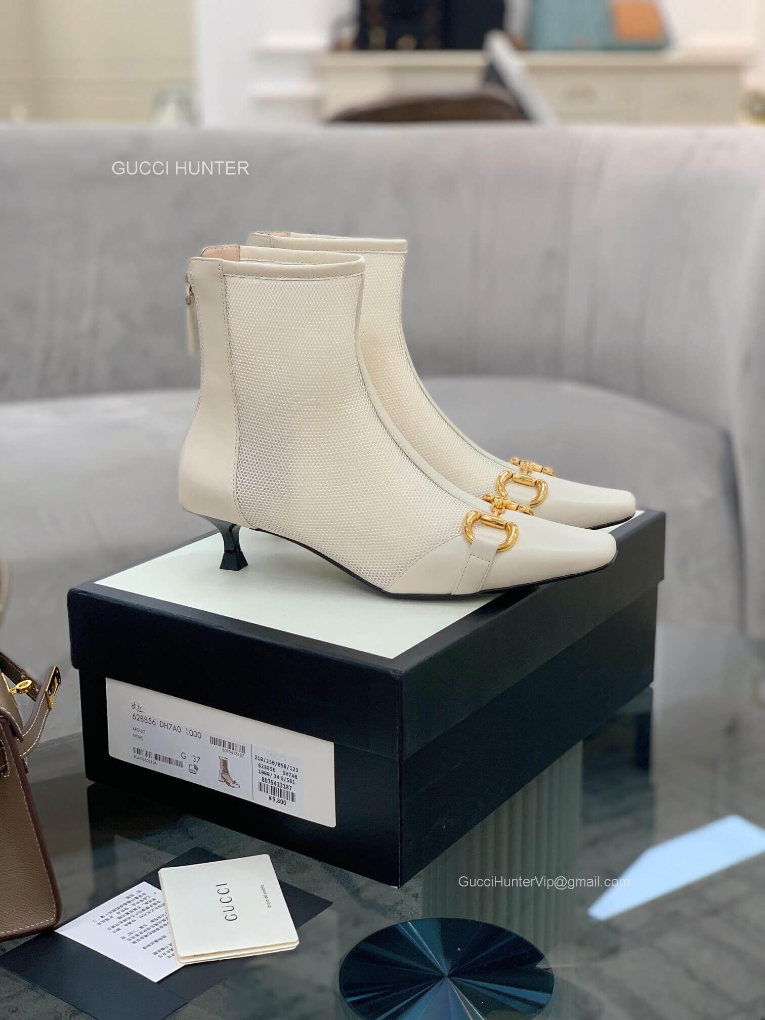 Gucci Mid Heel Ankle Boot with Horsebit in White Mesh and Leather 55MM 2281148