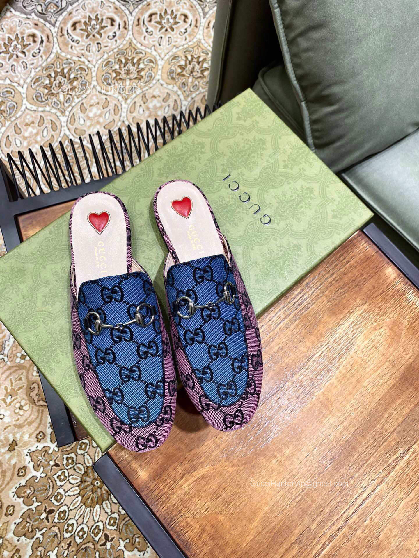 Gucci Horsebit Blue and Purple GG Multicolor Canvas Mule with Red Heart 2281155