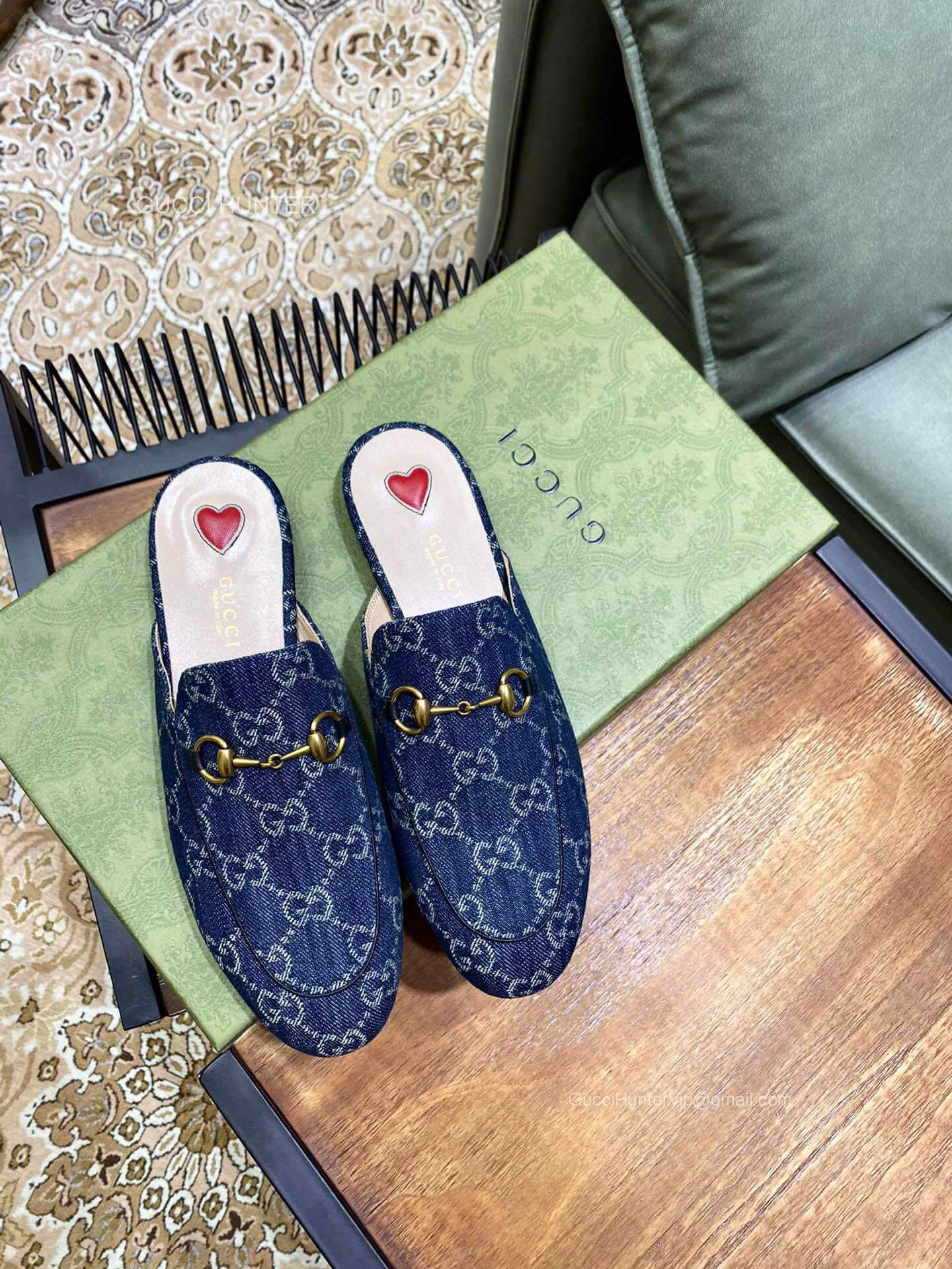 Gucci Horsebit Blue GG Multicolor Canvas Mule with Red Heart 2281157