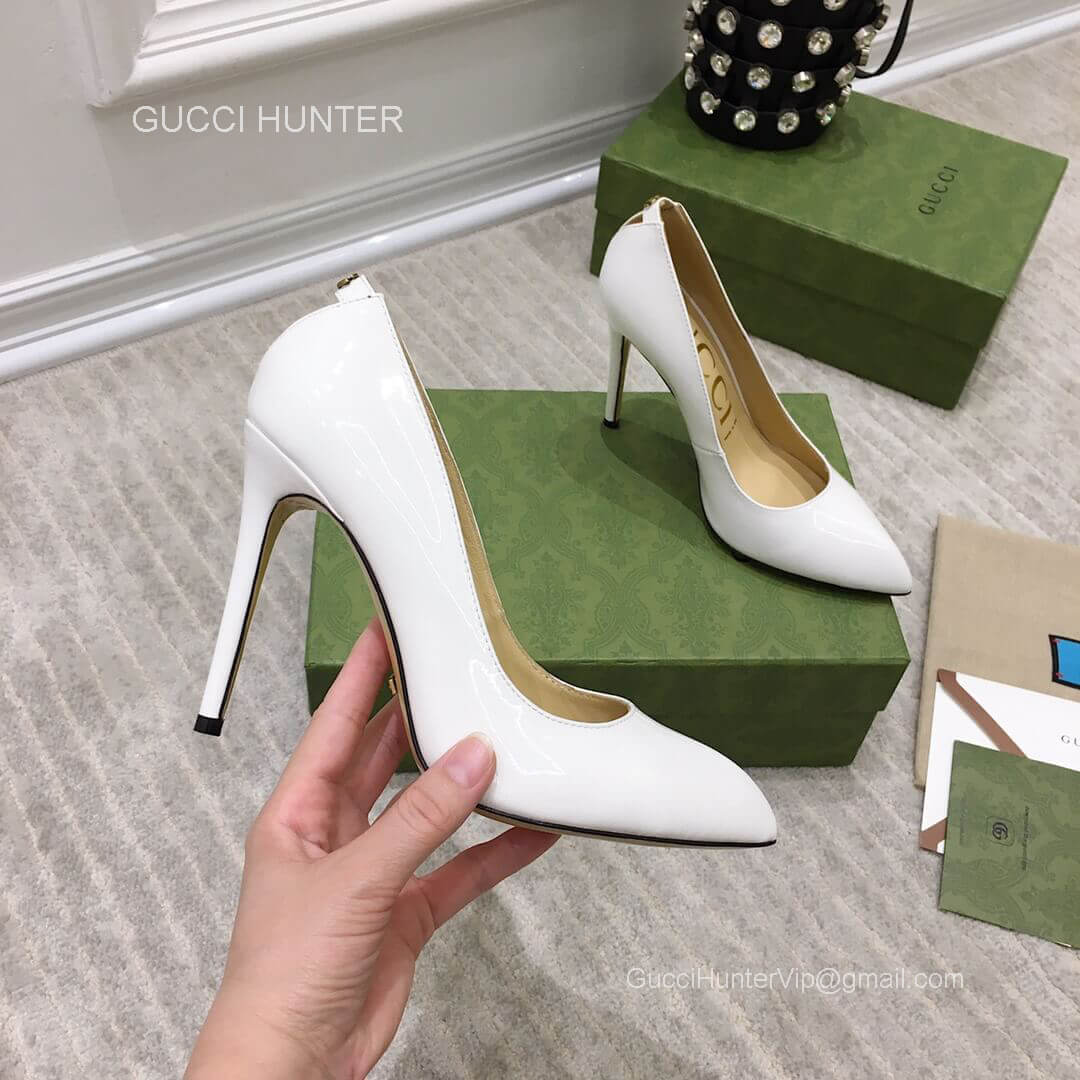 Gucci Classic Patent Leather Pump with GG Cut Out Back in White 105MM 2281162