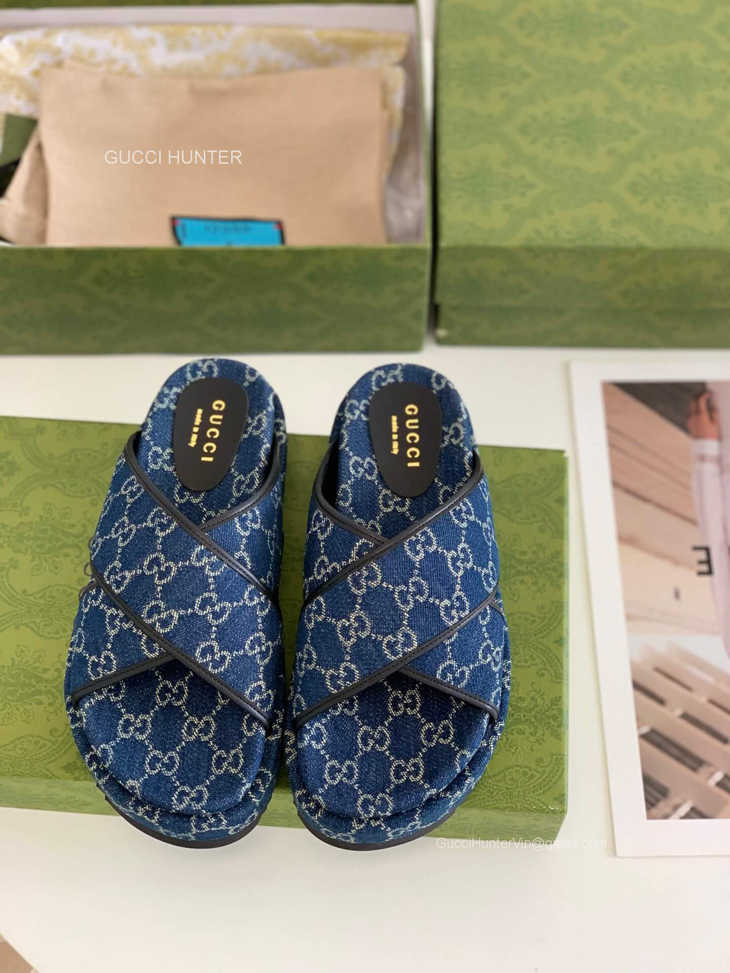 Gucci Criss Cross Blue Multicolor GG Canvas Platform Slide Sandal 2281194
