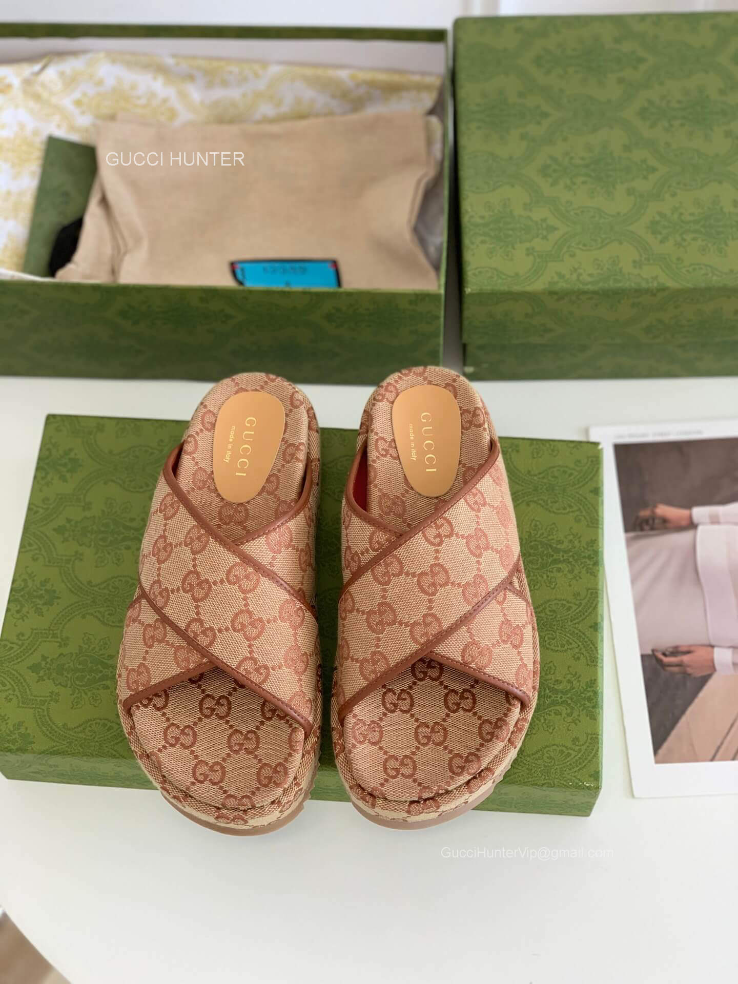 Gucci Criss Cross Beige Multicolor GG Canvas Platform Slide Sandal 2281195