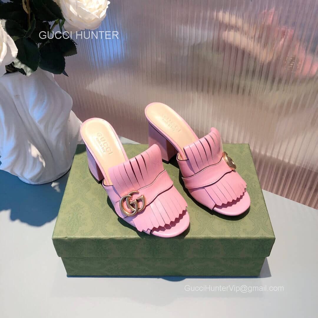 Gucci Double G Leather Fringer Heeled Sandal in Pink 70MM 2281202