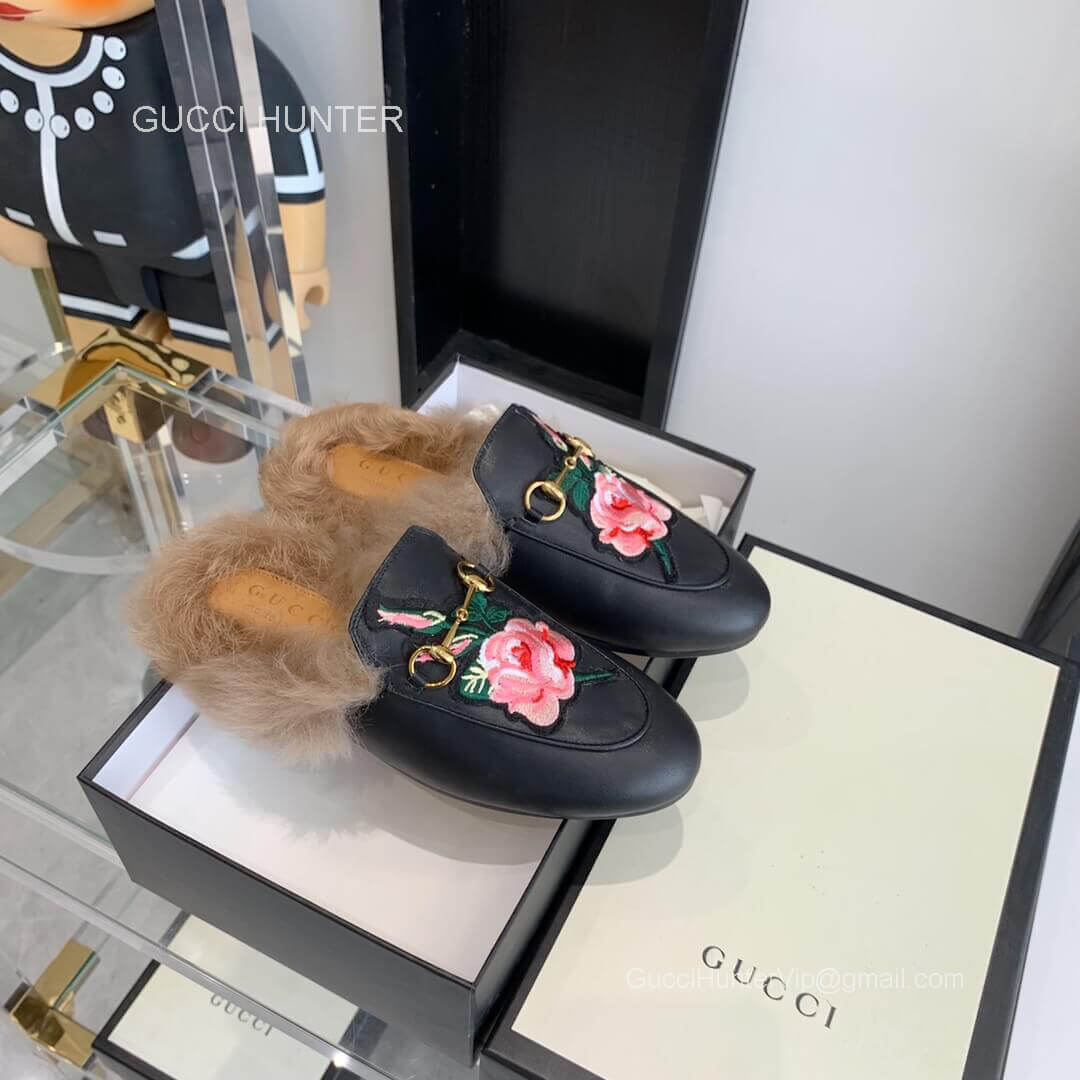 Gucci Vintage Princetown Horsebit Calf Leather Slipper Mules with Rose Flower in Black 2281275