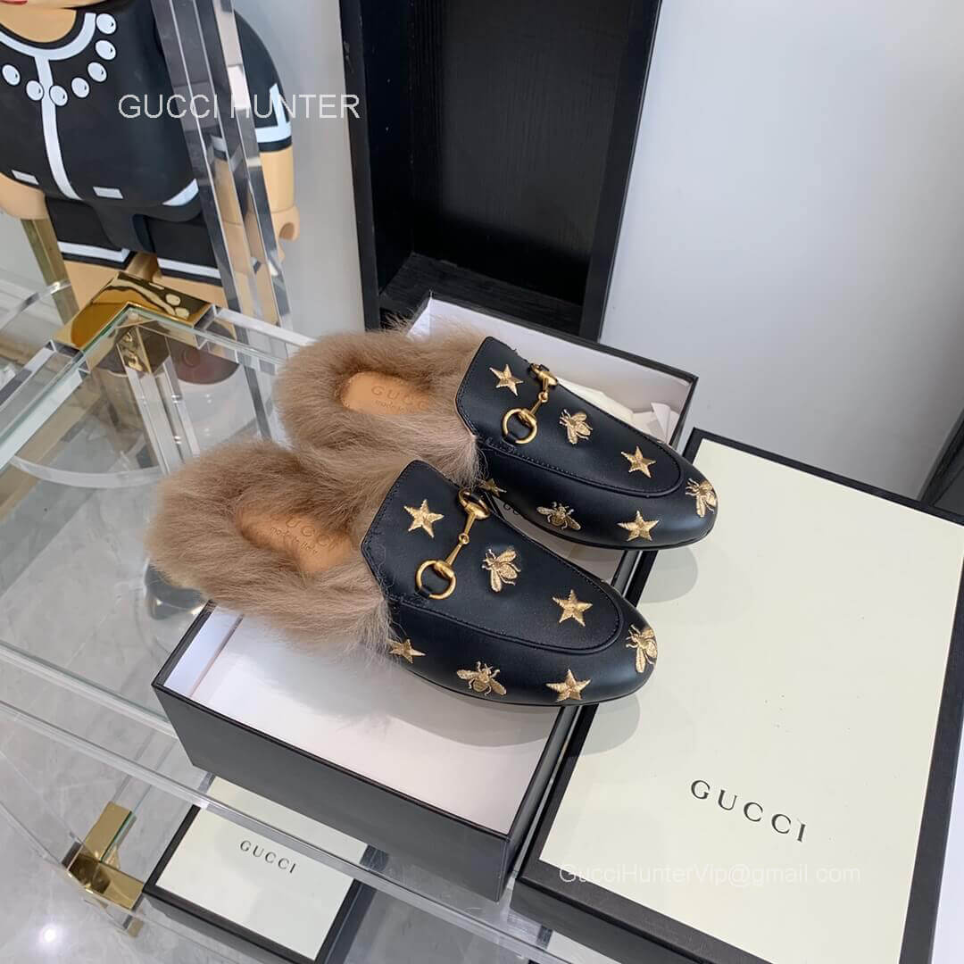 Gucci Vintage Princetown Horsebit Calf Leather Slipper Mules with Bees Stars in Black 2281278