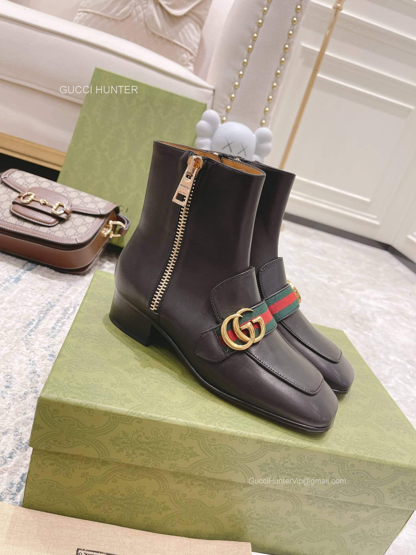 Gucci Double G Web Zipper Leather Ankle Boot in Black 2281305
