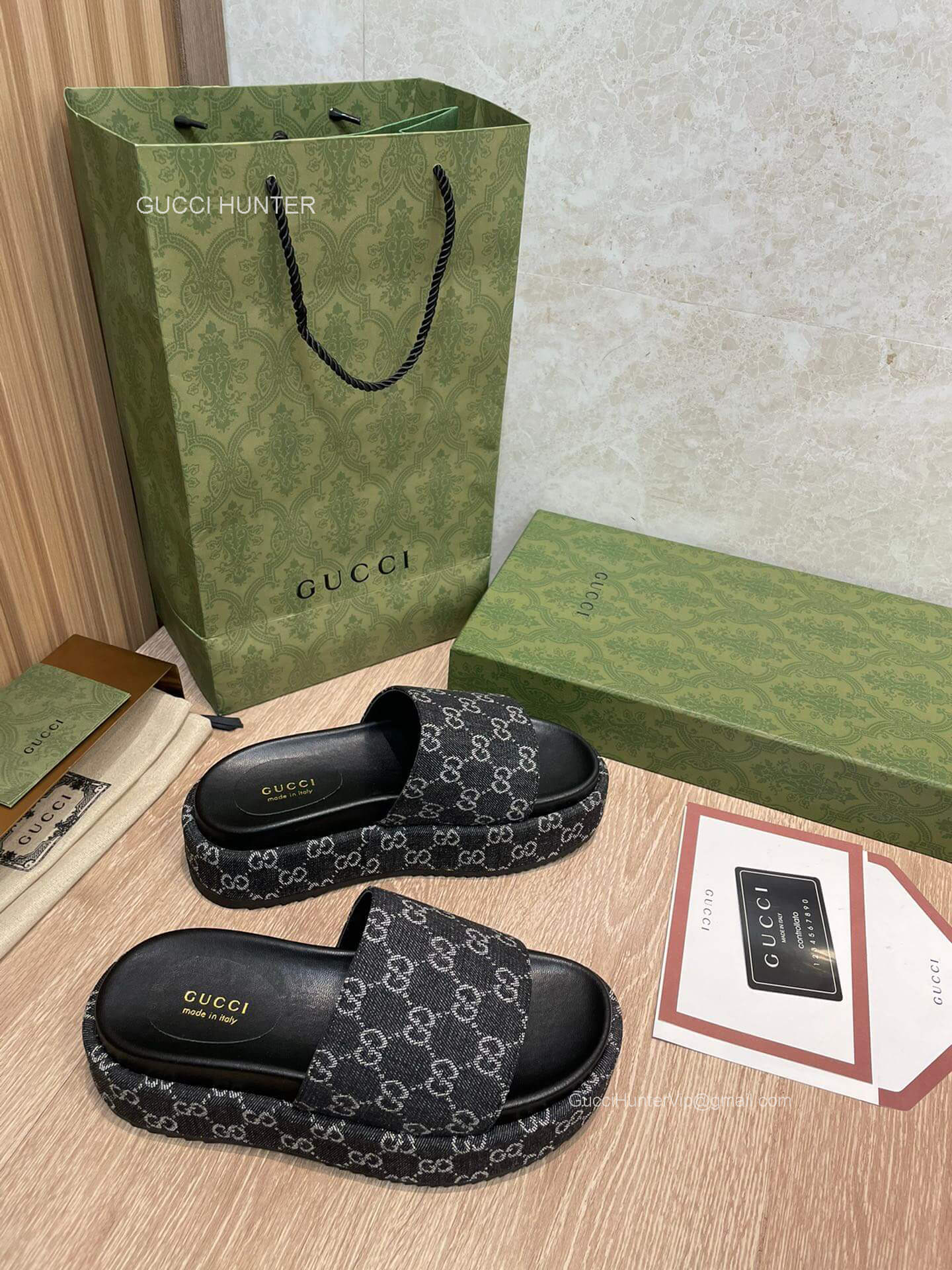 Gucci Platform Slide Sandal in Black GG Denim 2281361