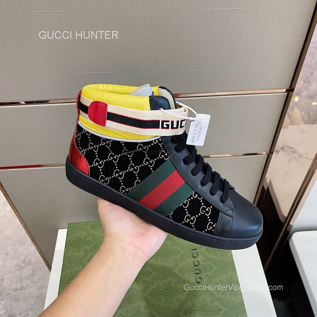 Gucci Lace Up GG Web Sneaker Boot in Black Leather Unisex 2281389