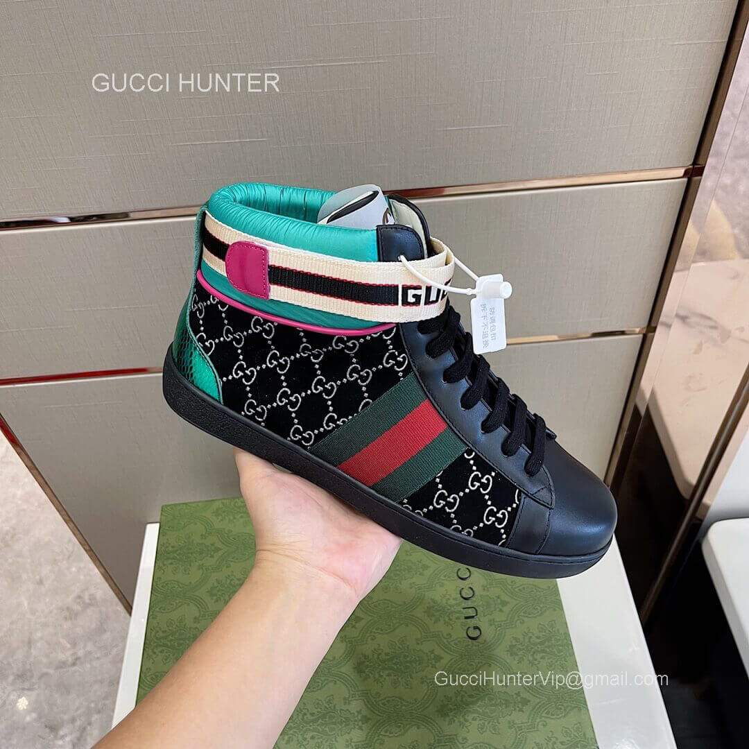 Gucci Lace Up GG Web Sneaker Boot in Black Leather Unisex 2281390