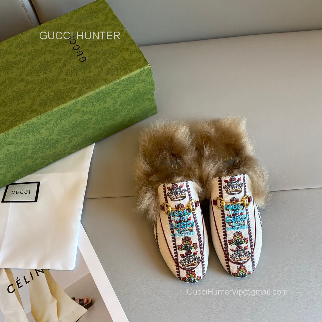 Gucci 100 Princetown Slipper Mule in Ivory Jacquard Fabric Fur 2281420