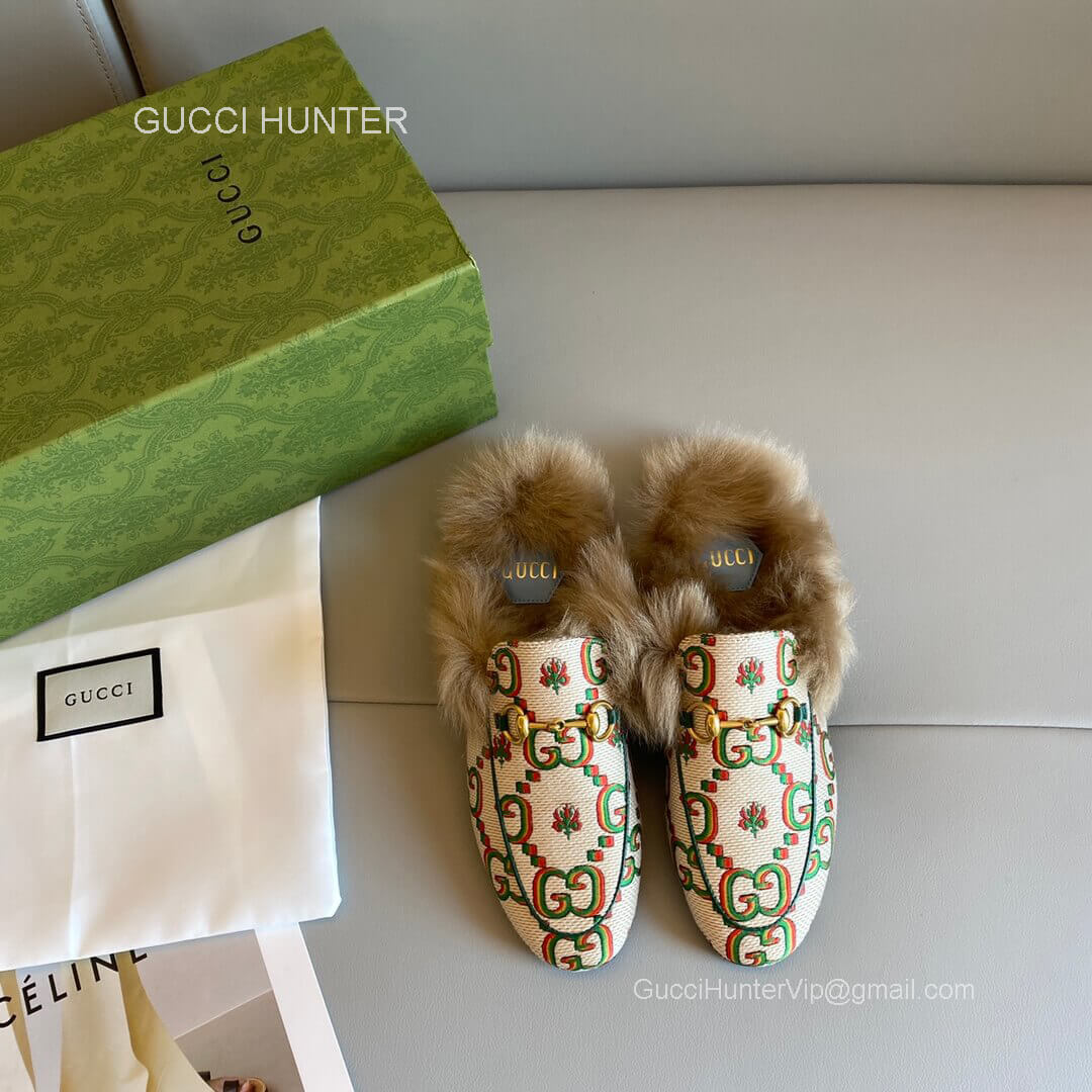 Gucci 100 Princetown Slipper Mule in Beige Jacquard Fabric Fur 2281421