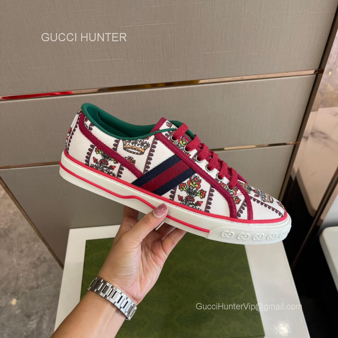 Gucci 100 Tennis 1977 Low Top Web Sneaker in Ivory Flower and Crown Jacquard Unisex 2281438