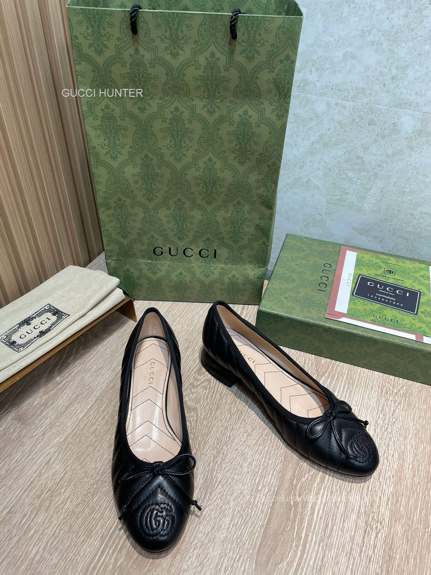 Gucci Womens Ballet Flat with Double G in Black Matelasse Leather 2281530