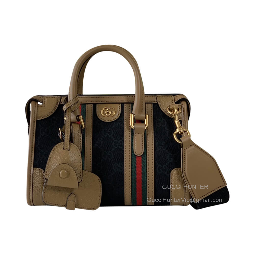 Gucci Mini Canvas Top Handle Duffle Bag in Black Original GG Canvas and Light Brown Leather 715771