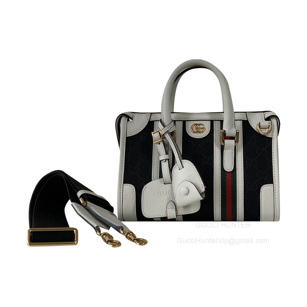 Gucci Mini Canvas Top Handle Duffle Bag in Black Original GG Canvas and White Leather 715771