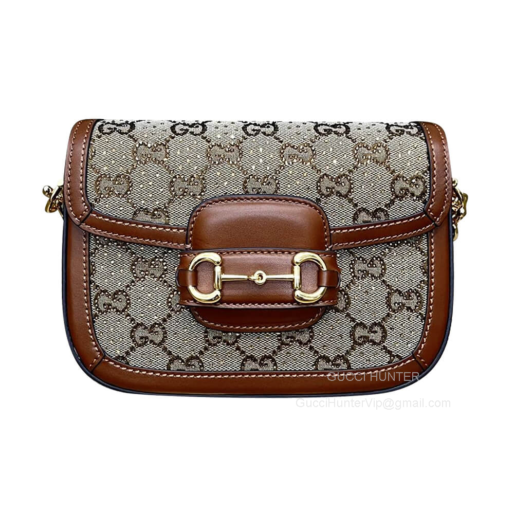 Gucci Horsebit 1955 GG Mini Chain Bag in Camel and Ebony GG Canvas with Crystals 675801