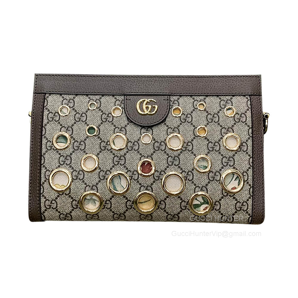 Gucci Ophidia GG Small Chain Shoulder Bag with Multi size Metal Eyelets in Beige and Ebony GG Supreme Canvas 503877