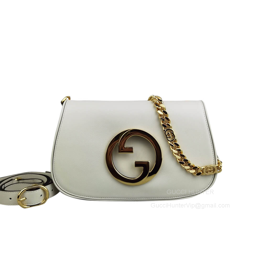 Gucci Blondie Shoulder Bag with Round Interlocking G and Chain in White Leather 699268