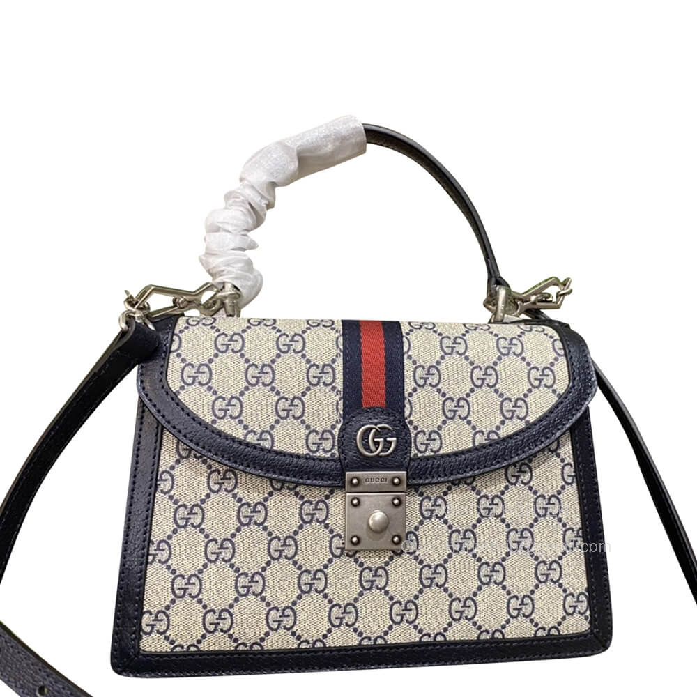 Gucci Ophidia Small Top Handle Shoulder Bag with Web in Beige Blue GG Supreme Canvas and Black Leather 651055