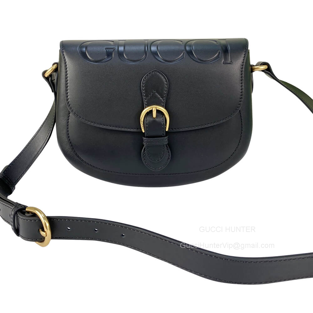 Gucci Logo Embossed Black Leather Shoulder Crossbody Bag