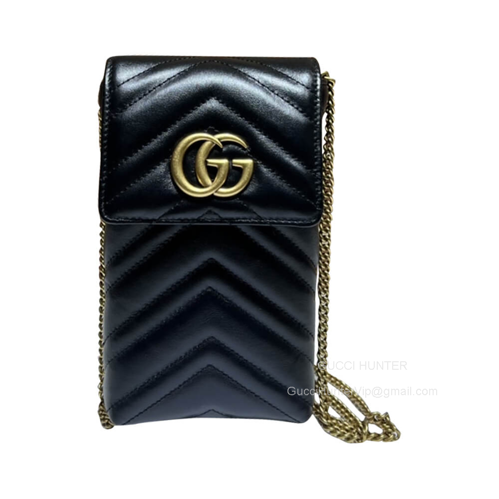 Gucci GG Marmont Mini Chain Crossbody Bag in Black Chevron Matelasse Leather 672251