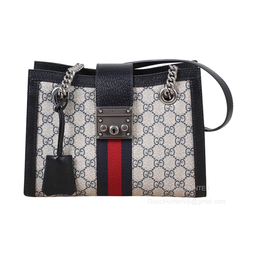 Gucci Padlock Small GG Shoulder Bag in Beige Blue GG Supreme Canas with Black Leather 498156