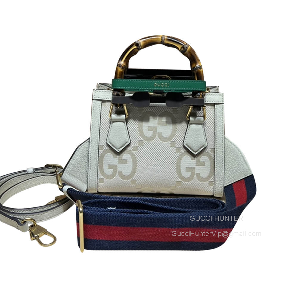 Gucci Diana Mini Tote Shoulder Bag in Beige and White Jumbo GG Supreme Canvas and White Leather 702732
