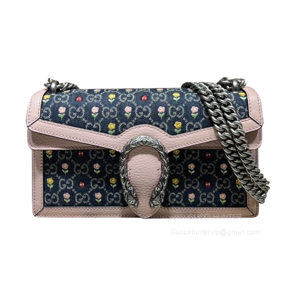 Gucci Dionysus Small GG Shoulder Bag in Blue and Ivory GG Denim with Floral Embroidery 499623
