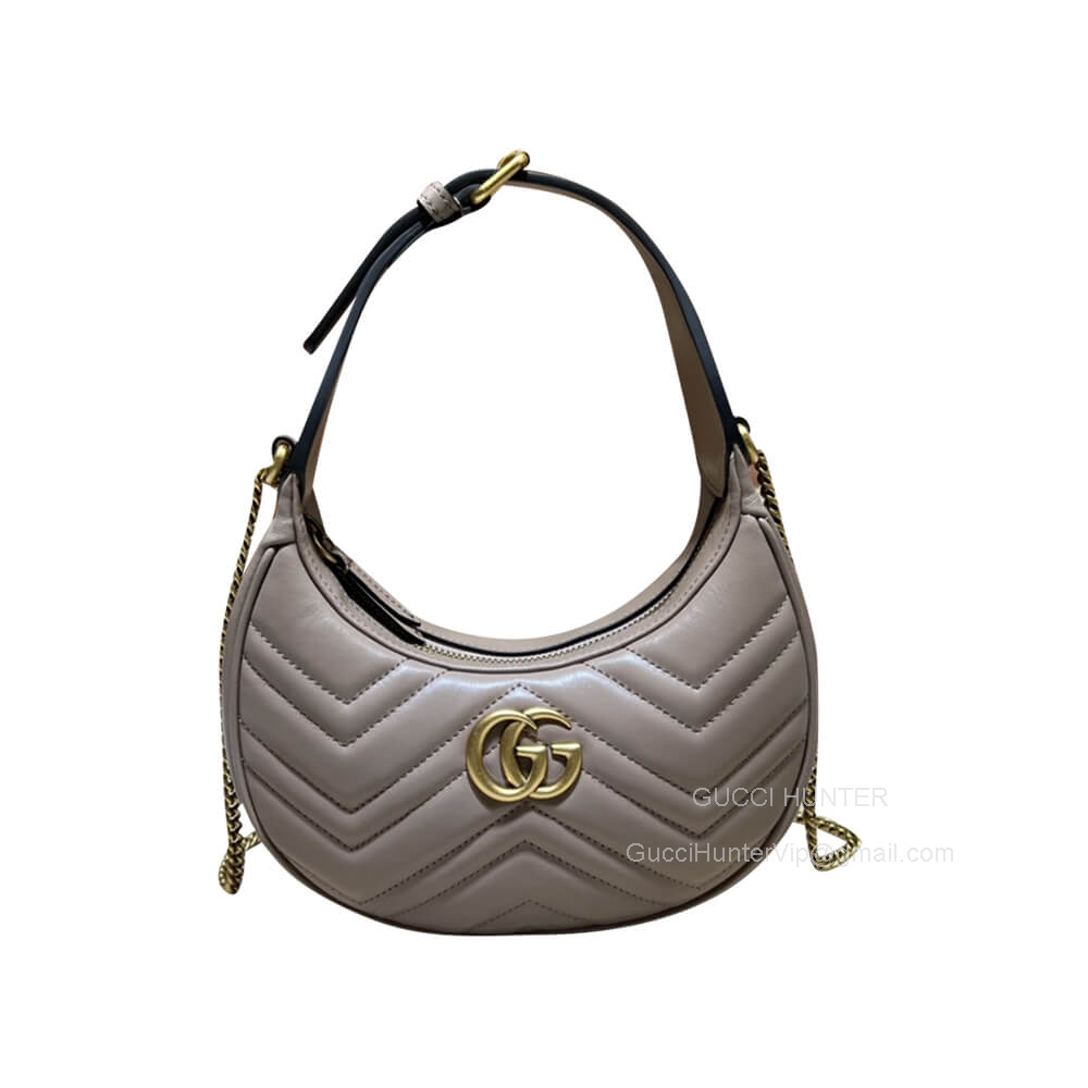 Gucci GG Marmont Half Moon Shaped Mini Bag with Chain in Nude Matelasse Chevron Leather 699514