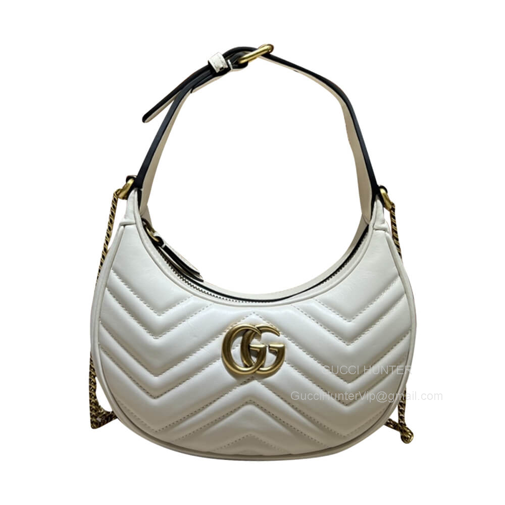 Gucci GG Marmont Half Moon Shaped Mini Bag with Chain in White Matelasse Chevron Leather 699514