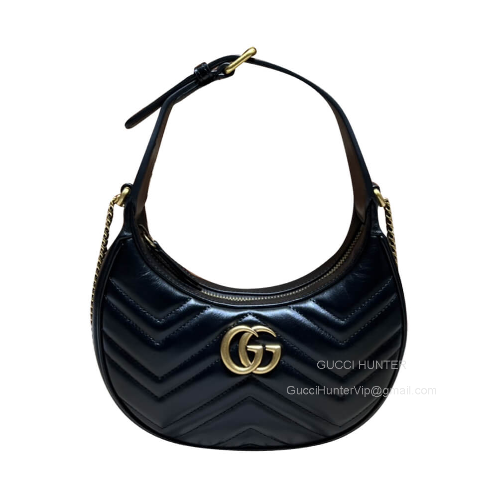 Gucci GG Marmont Half Moon Shaped Mini Bag with Chain in Black Matelasse Chevron Leather 699514