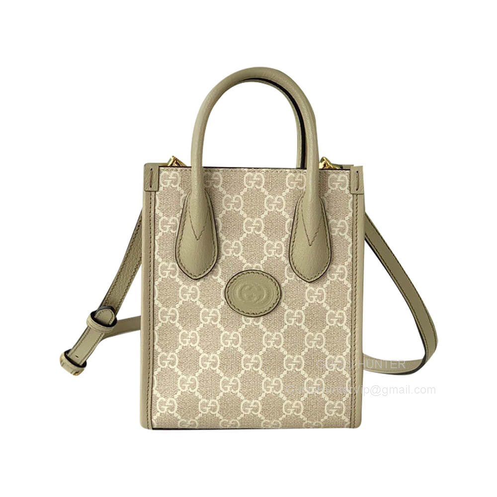 Gucci Mini Tote Shoulder Bag with Interlocking G in Beige and White GG Supreme Canvas 671623