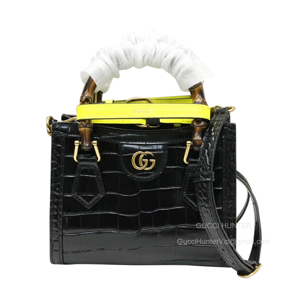 Gucci Tote Bag Gucci Diana Mini Shoulder Bag with Bamboo in Black Crocodile Embossed Calf Leather 655661