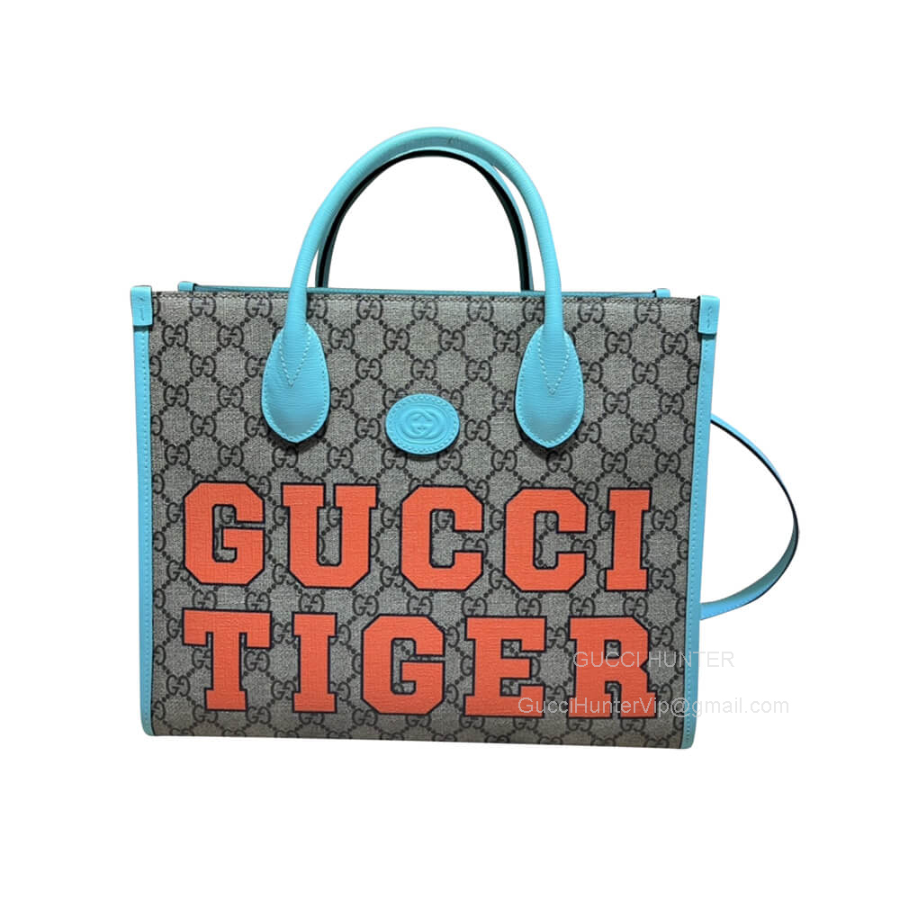 Gucci Tote Bag Gucci Tiger GG Large Shoulder Bag in Beige and Ebony GG Supreme Canvas 659983 Blue