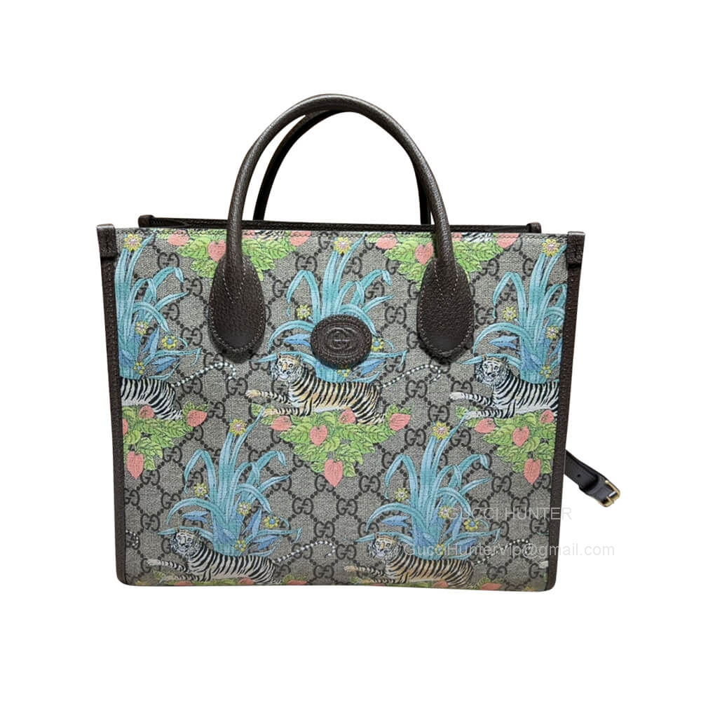 Gucci Tote Bag Gucci Tiger GG Large Shoulder Bag with Flower Print in Beige and Ebony GG Supreme Canvas 659983