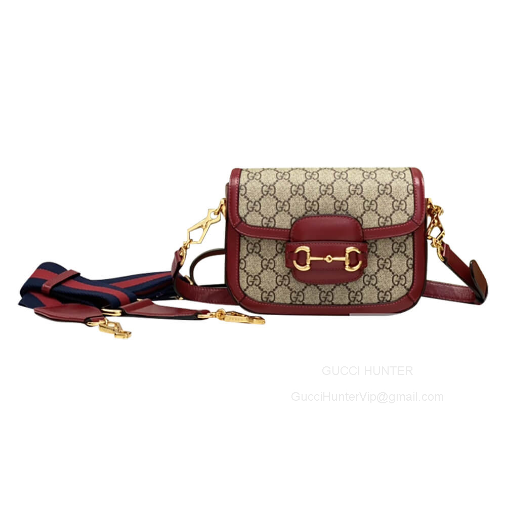 Gucci Shoulder Bag Gucci VIP Horsebit 1955 Mini Crossbody Bag in Beige and Ebony GG Supreme and Red Leather 658574